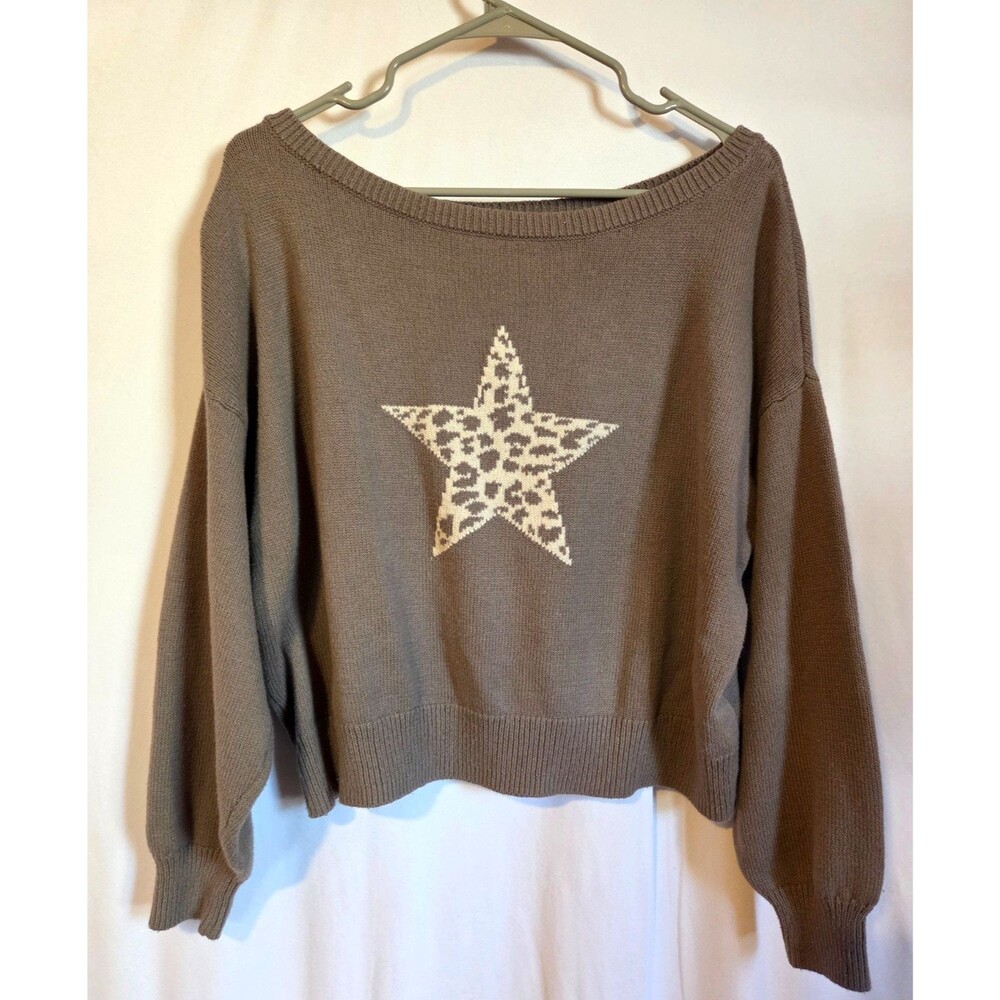 Hollister Leopard Star Sweater Medium Taupe Off Shoulder Slouchy Y2K Coquette
